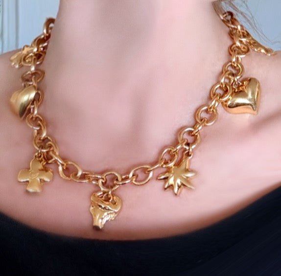 Christian Lacroix Charm Choker Necklace — Hearts, Crosses and Stars, Gold-Tone, 1990s