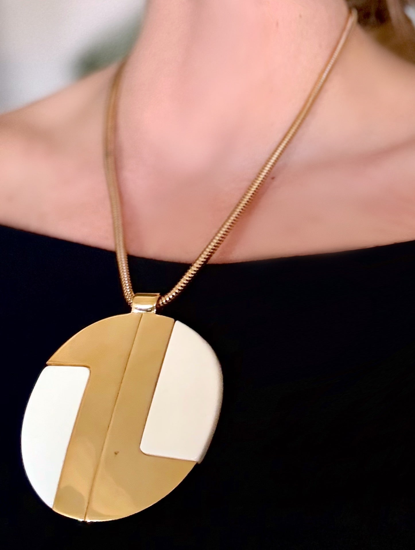 Lanvin Paris Disc Pendant Necklace — White Enamel and Gold-Tone, Late 1970s–Early 1980s