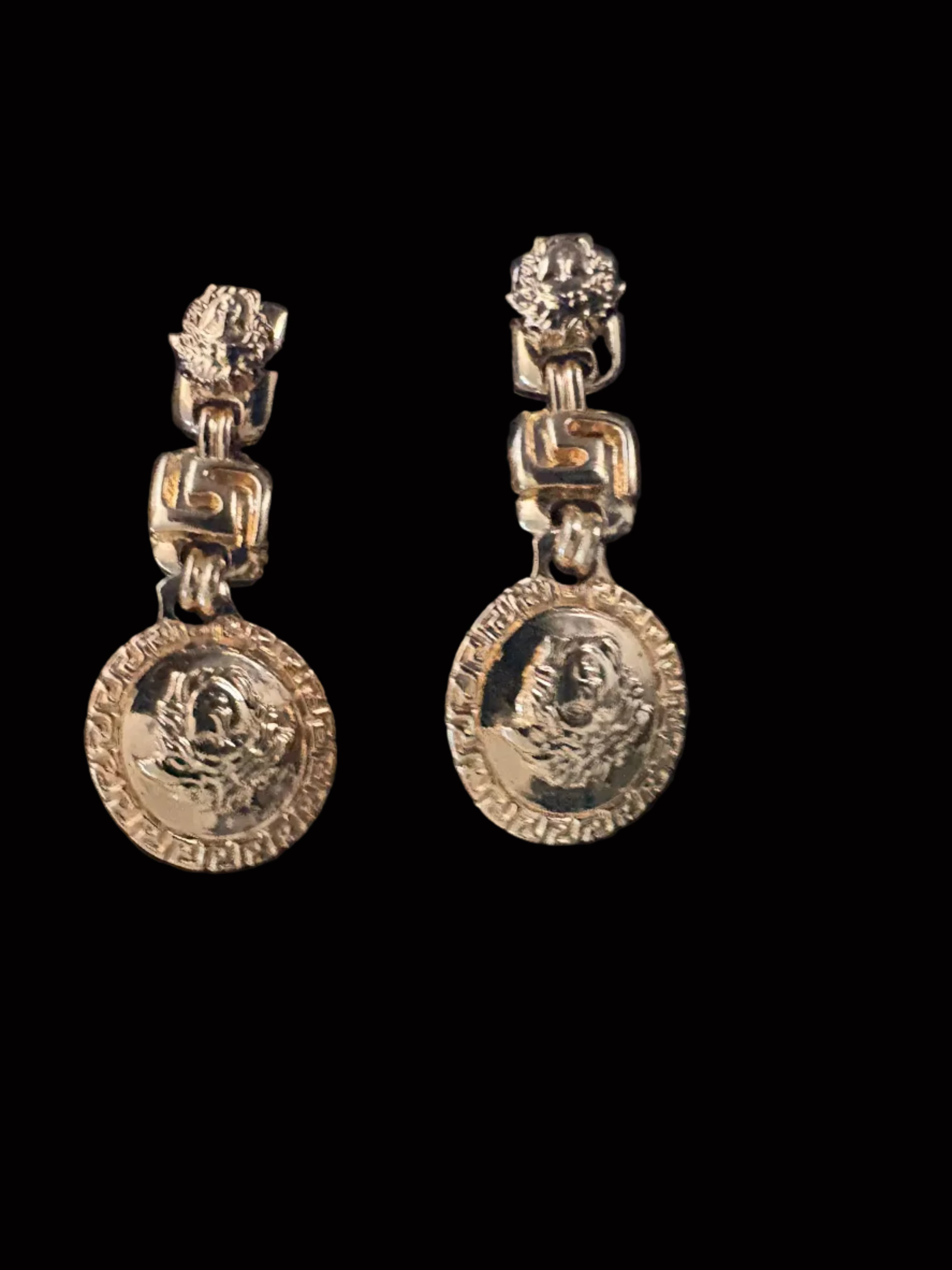 Gianni Versace Medusa Coin and Greek Key Drop Clip Earrings Circa early 1990s