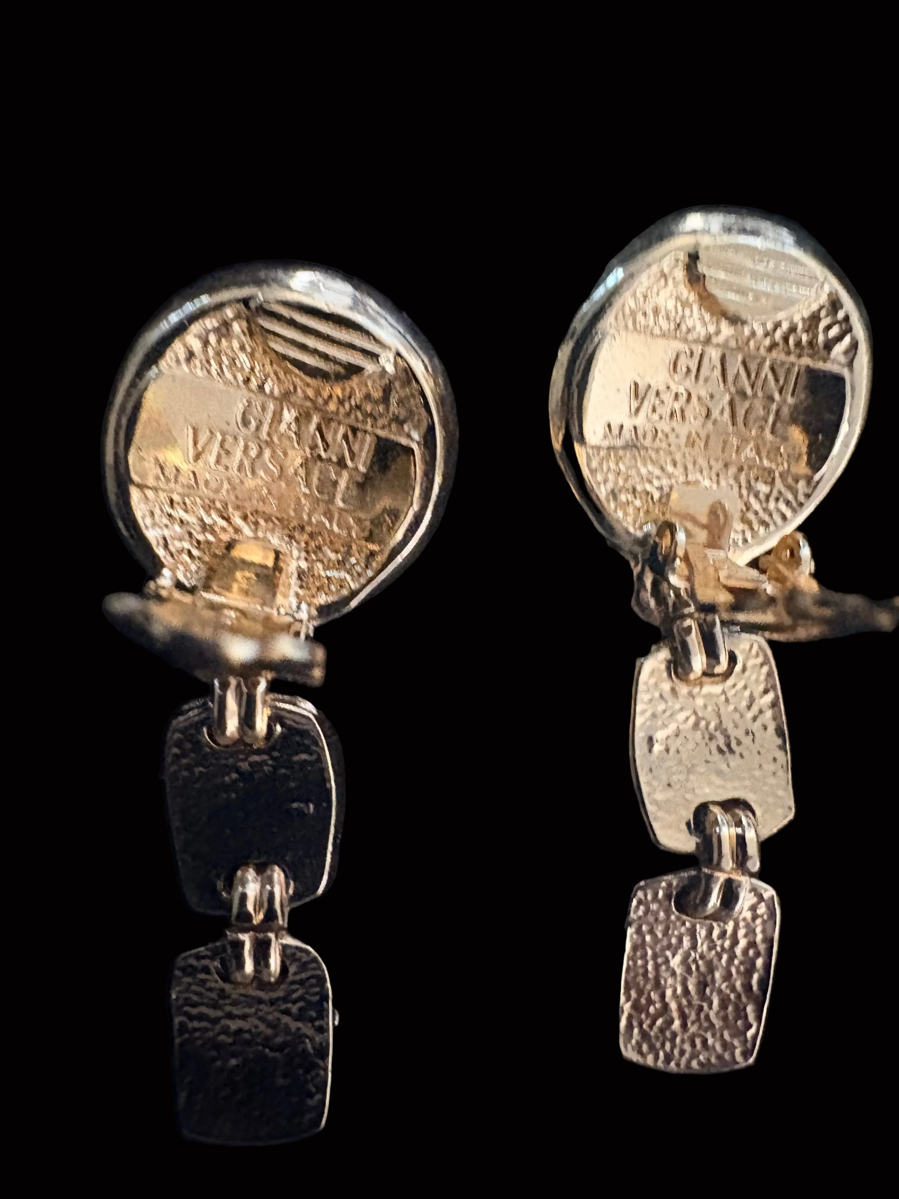Gianni Versace Medusa Coin and Greek Key Drop Clip Earrings Circa early 1990s