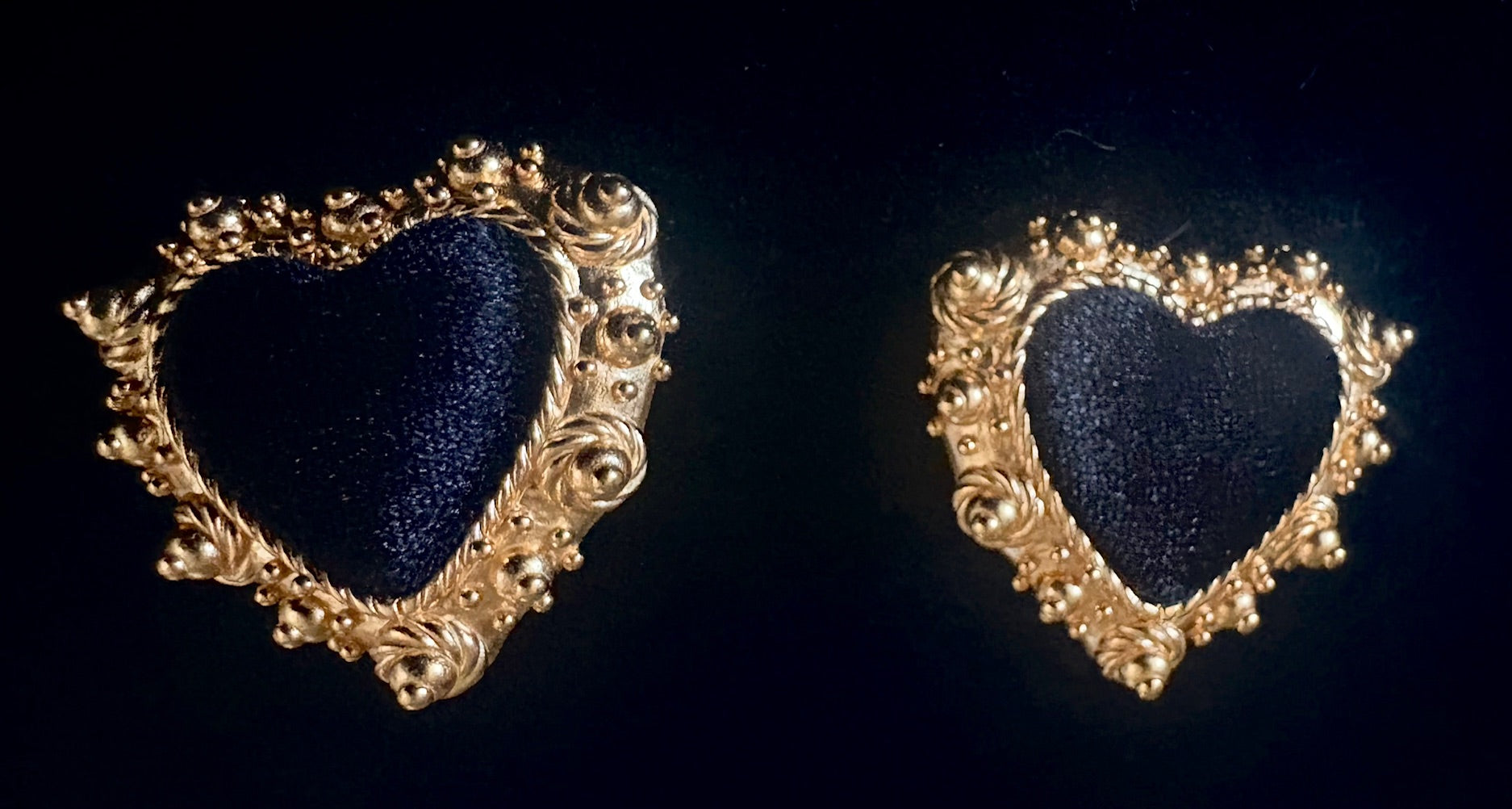 Christian Lacroix Baroque Heart Earrings — Velvet Center, Gold-Tone, Early 1990s