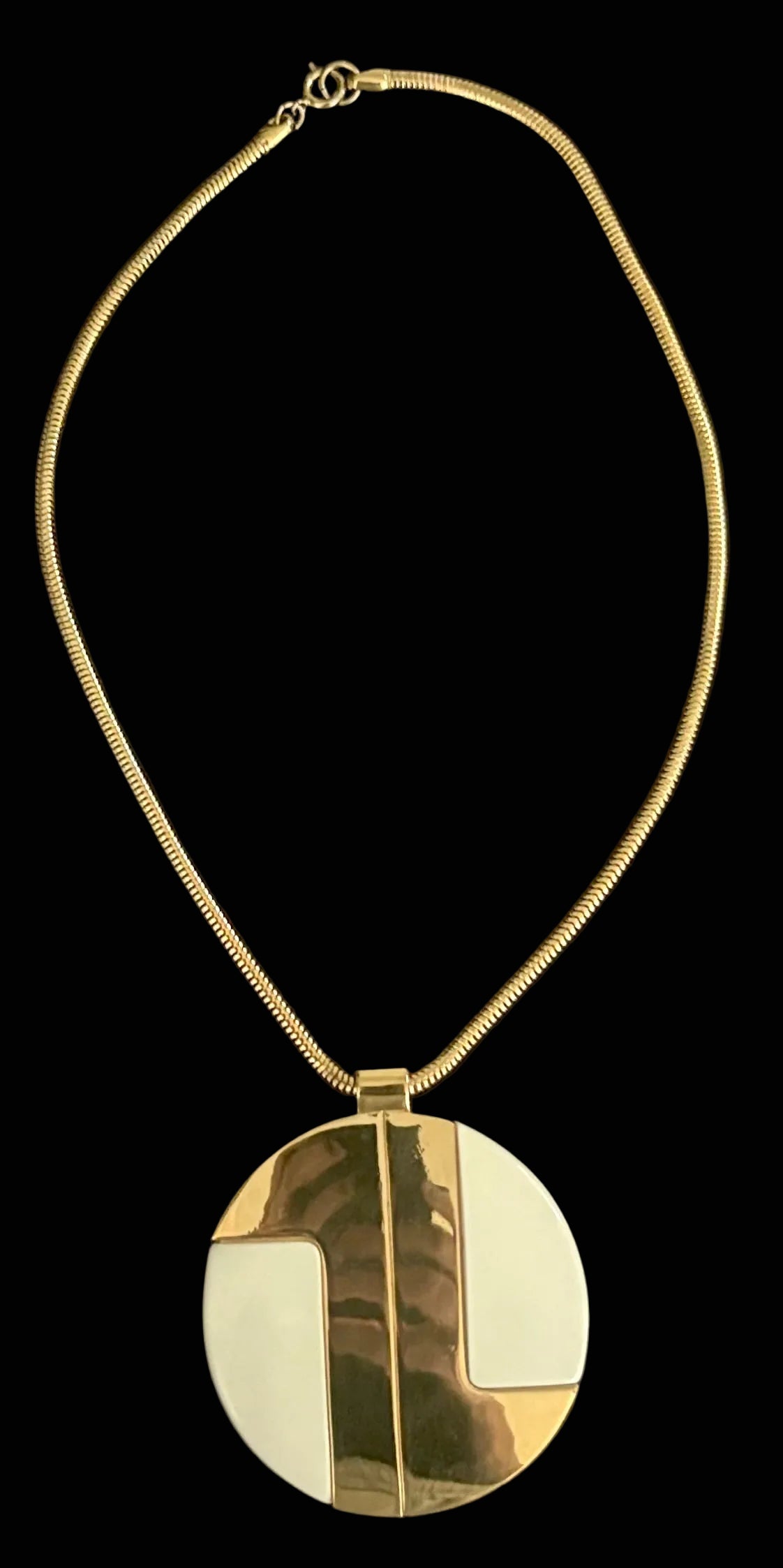 Lanvin Paris Disc Pendant Necklace — White Enamel and Gold-Tone, Late 1970s–Early 1980s