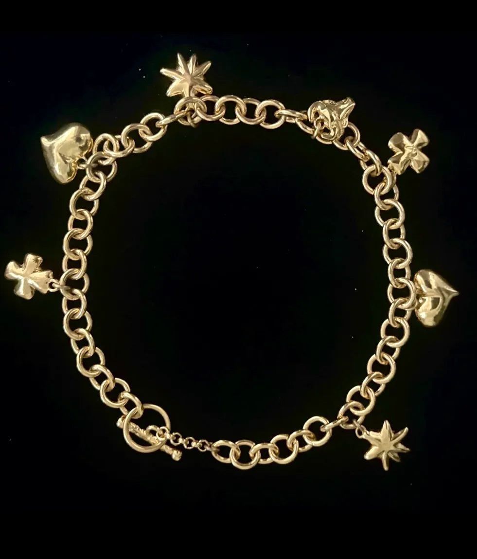 Christian Lacroix Charm Choker Necklace — Hearts, Crosses and Stars, Gold-Tone, 1990s