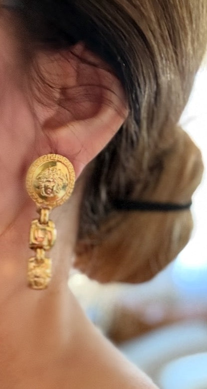 Gianni Versace Medusa Coin and Greek Key Drop Clip Earrings Circa early 1990s