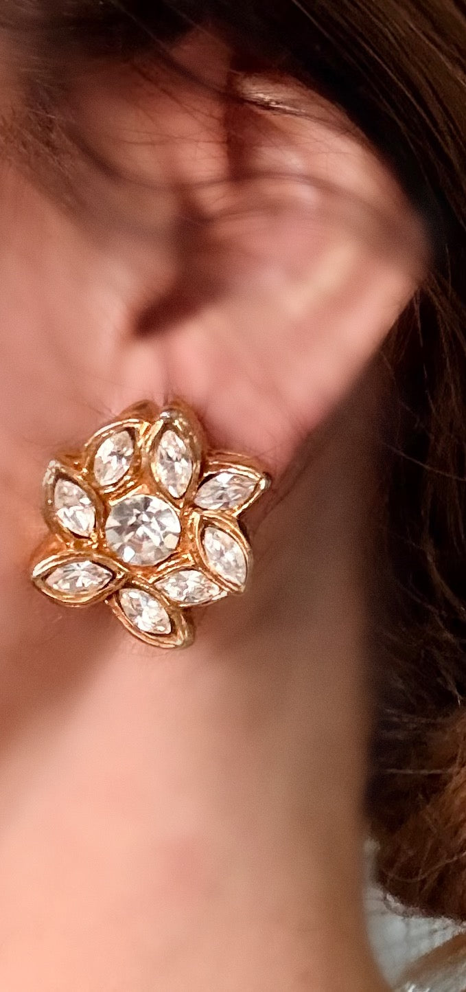 Christian Lacroix Crystal Flower Clip Earrings, Early 1990s
