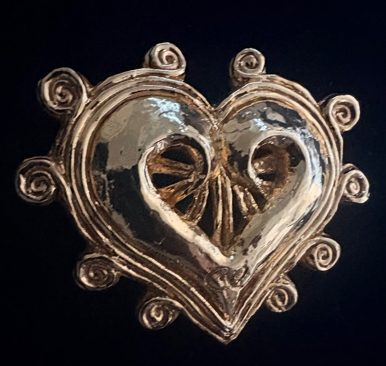 Christian Lacroix Heart Brooch — Hammered Gold-Tone, 1990s