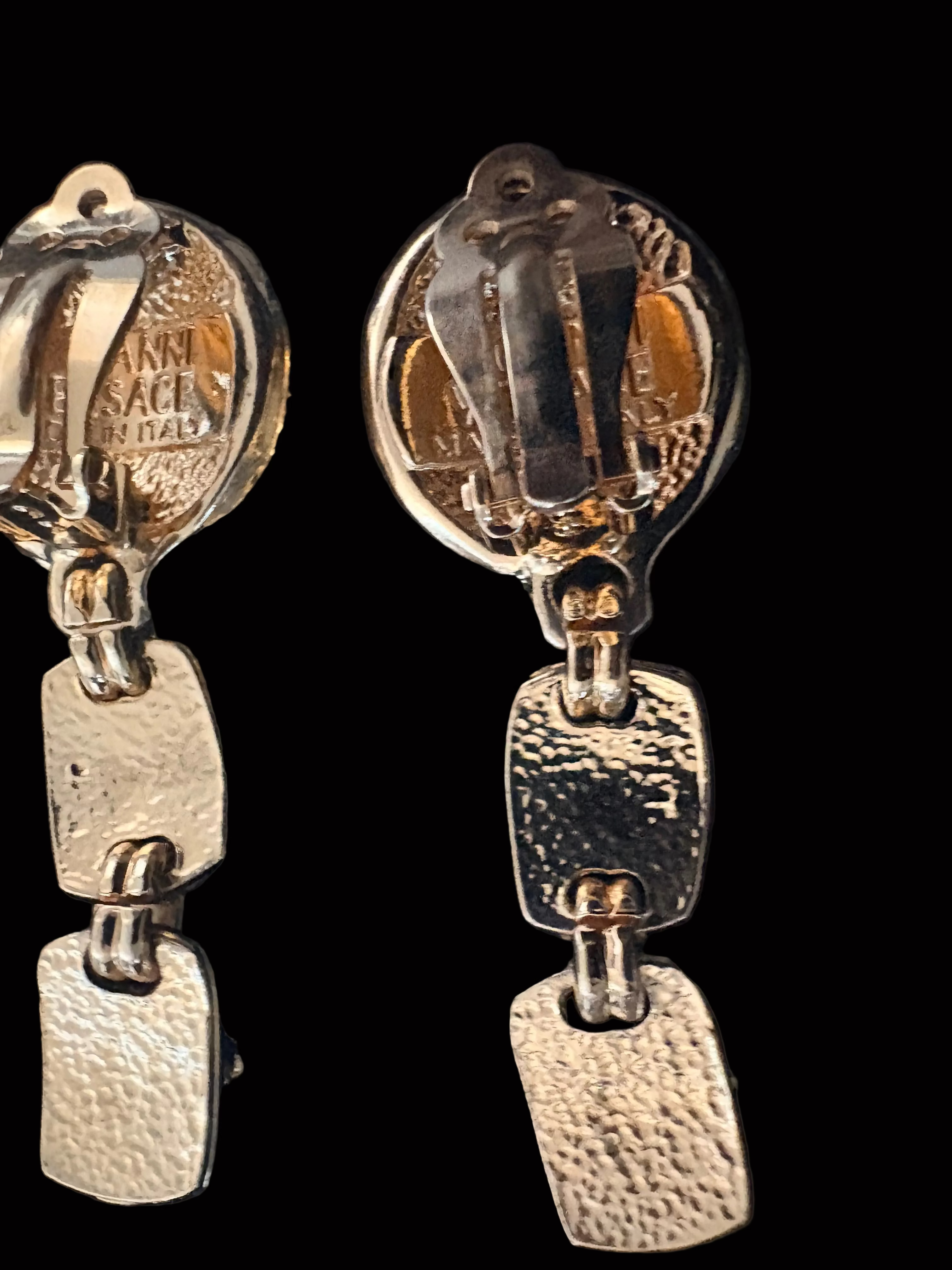 Gianni Versace Medusa Coin and Greek Key Drop Clip Earrings Circa early 1990s