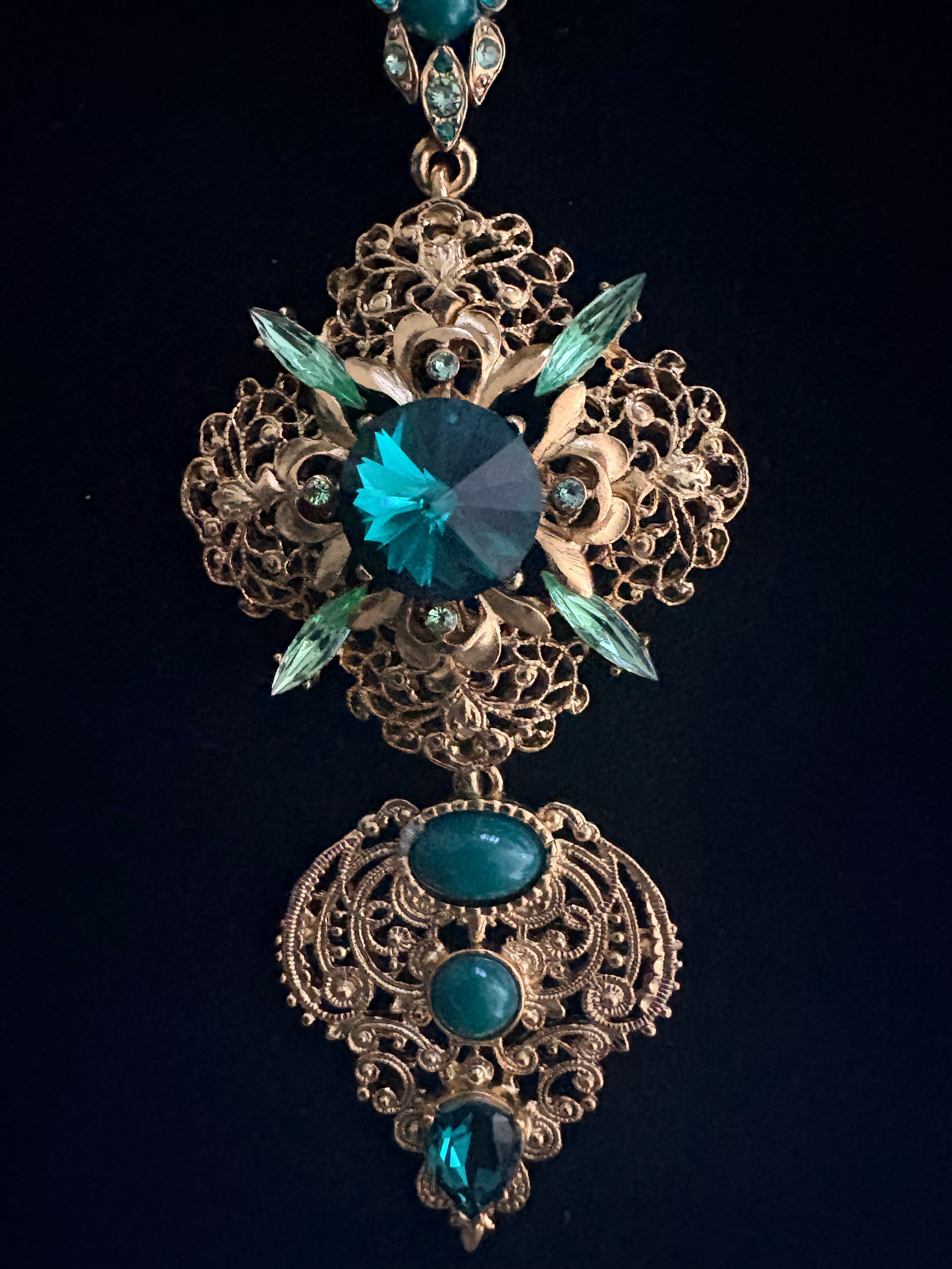 Oscar de la Renta Emerald Filigree Pendant Necklace — Maltese Cross, Late 1980s–Early 1990s