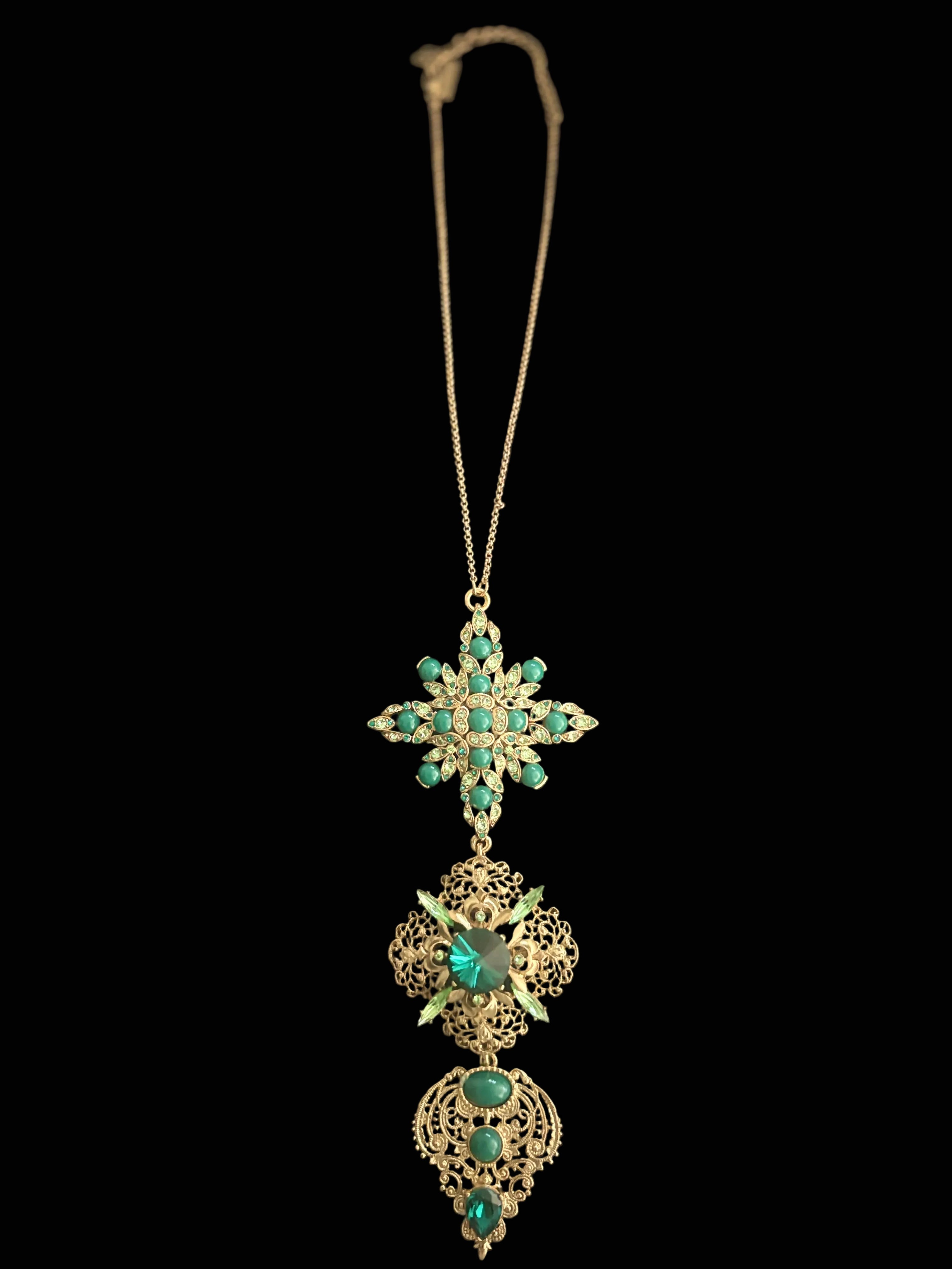 Oscar de la Renta Emerald Filigree Pendant Necklace — Maltese Cross, Late 1980s–Early 1990s