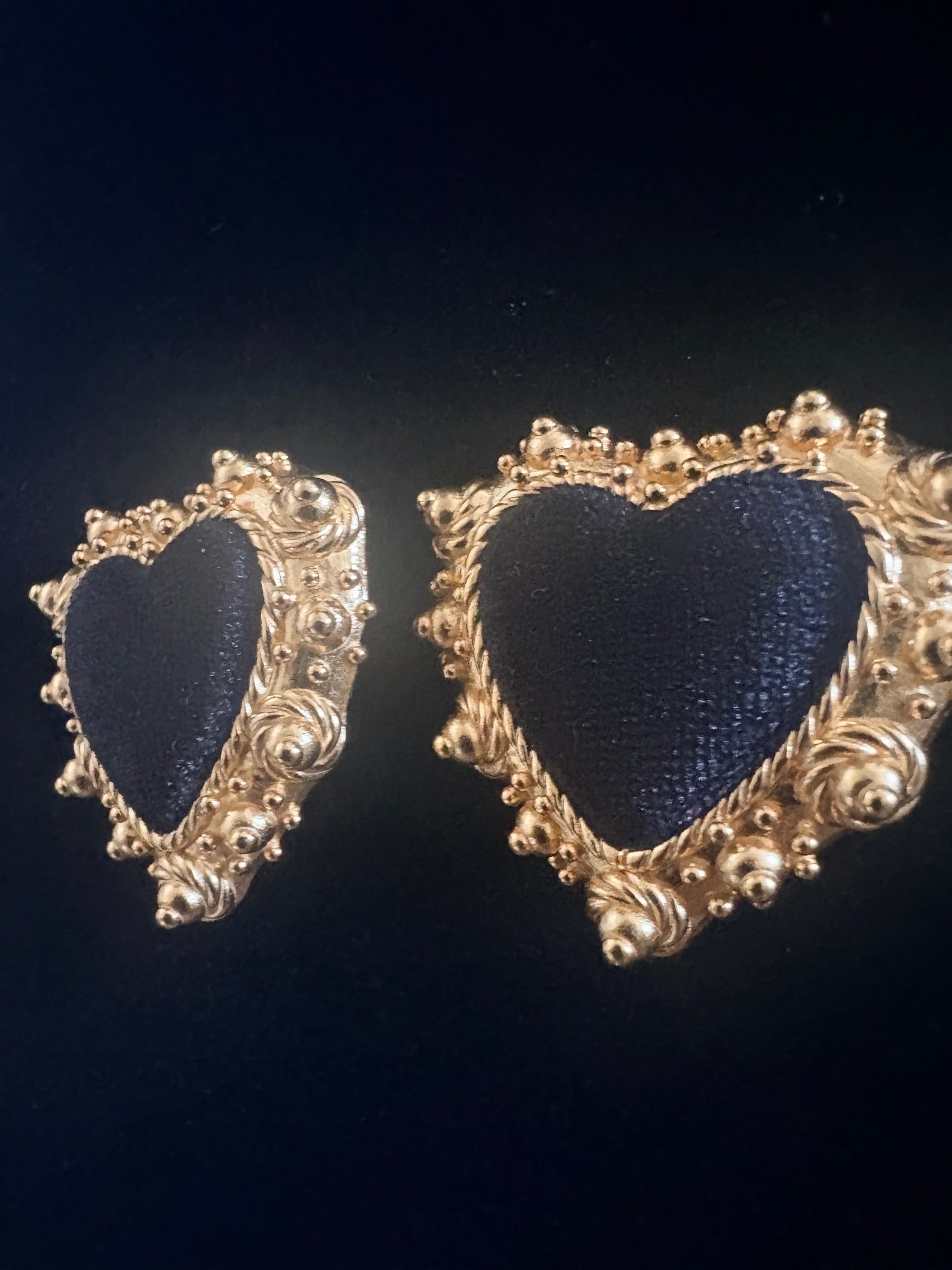 Christian Lacroix Baroque Heart Earrings — Velvet Center, Gold-Tone, Early 1990s
