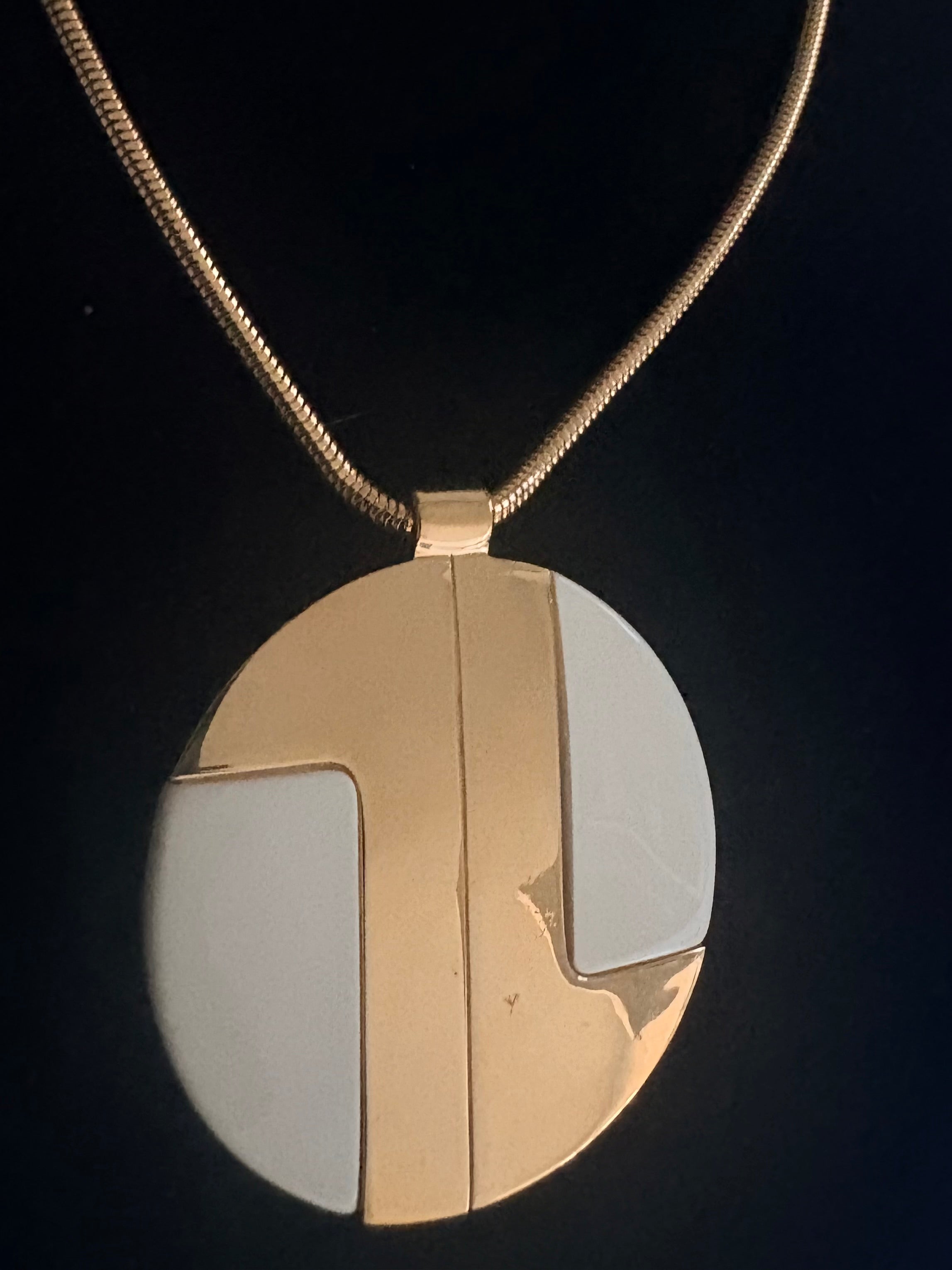 Lanvin Paris Disc Pendant Necklace — White Enamel and Gold-Tone, Late 1970s–Early 1980s