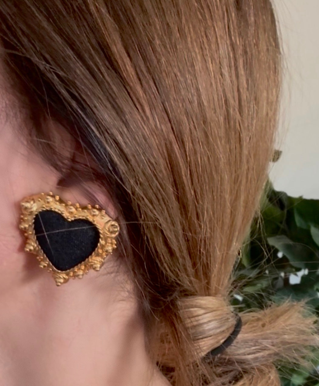 Christian Lacroix Baroque Heart Earrings — Velvet Center, Gold-Tone, Early 1990s